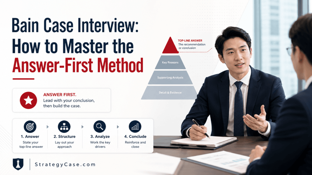 Cover image for an article titled “Bain Case Interview: How to Master the Answer-First Method,” showing a consulting interview scene, a top-down answer pyramid, and a four-step flow: answer, structure, analyze, and conclude.