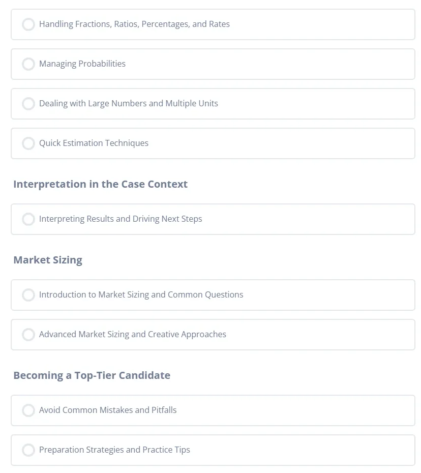 overview of the case interview math mastery course content