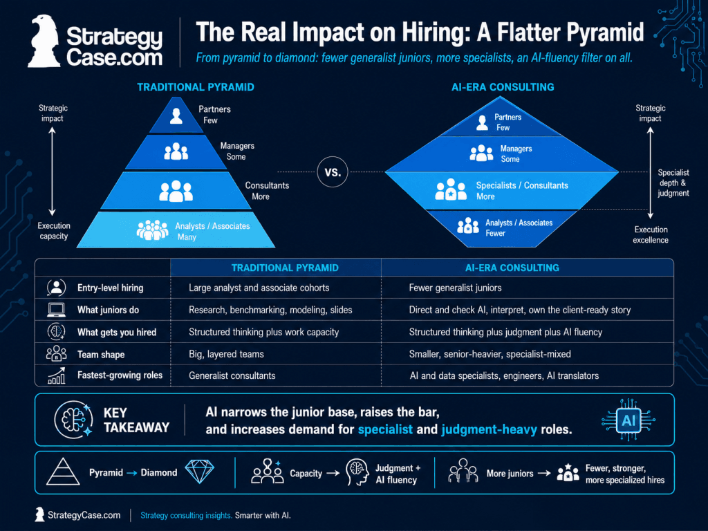 ai-consulting-pyramid-shift Diagram comparing the traditional consulting pyramid to a leaner AI-era diamond with fewer junior roles