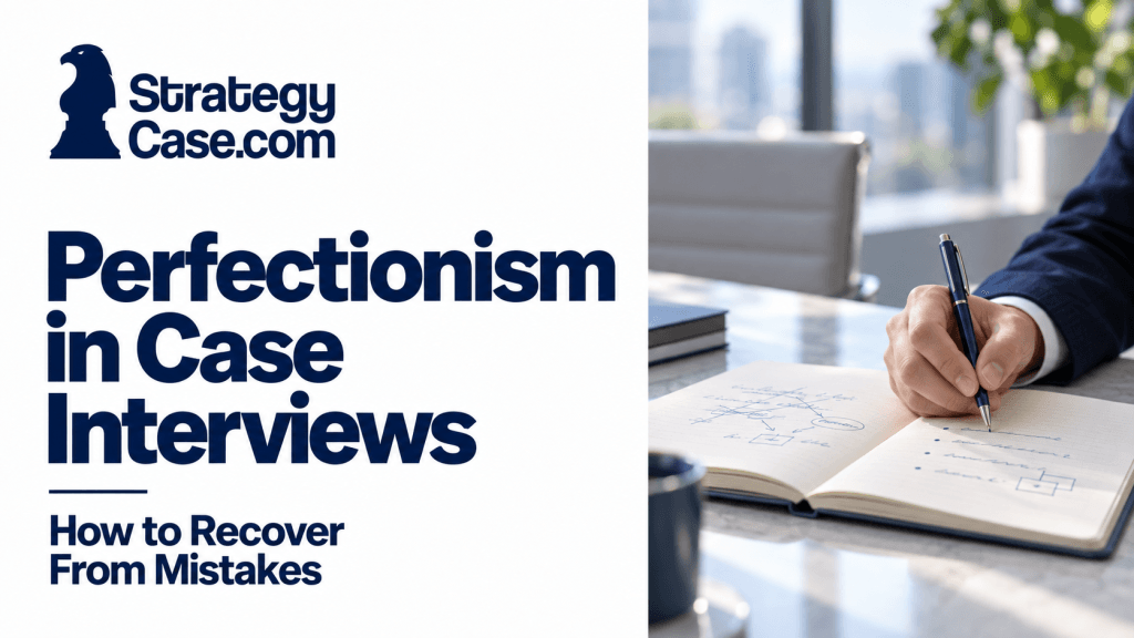 StrategyCase.com cover on recovering from case interview mistakes, showing a candidate writing in a notebook with crossed-out notes.