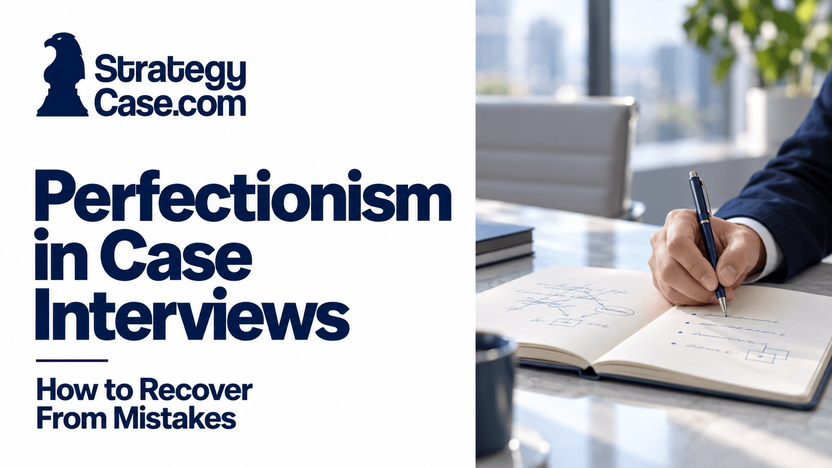 StrategyCase.com cover on recovering from case interview mistakes, showing a candidate writing in a notebook with crossed-out notes.