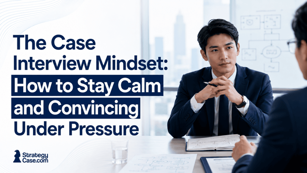 Calm and composed candidate in a case interview, demonstrating the case interview mindset needed to stay convincing under pressure.