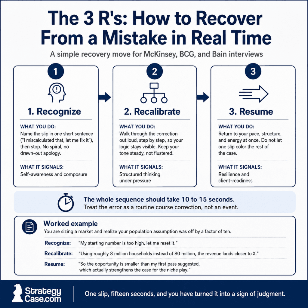 The 3 R's of case interview recovery: recognize, recalibrate, and resume after a mistake. Important for people that struggle with perfectionism in case interviews.