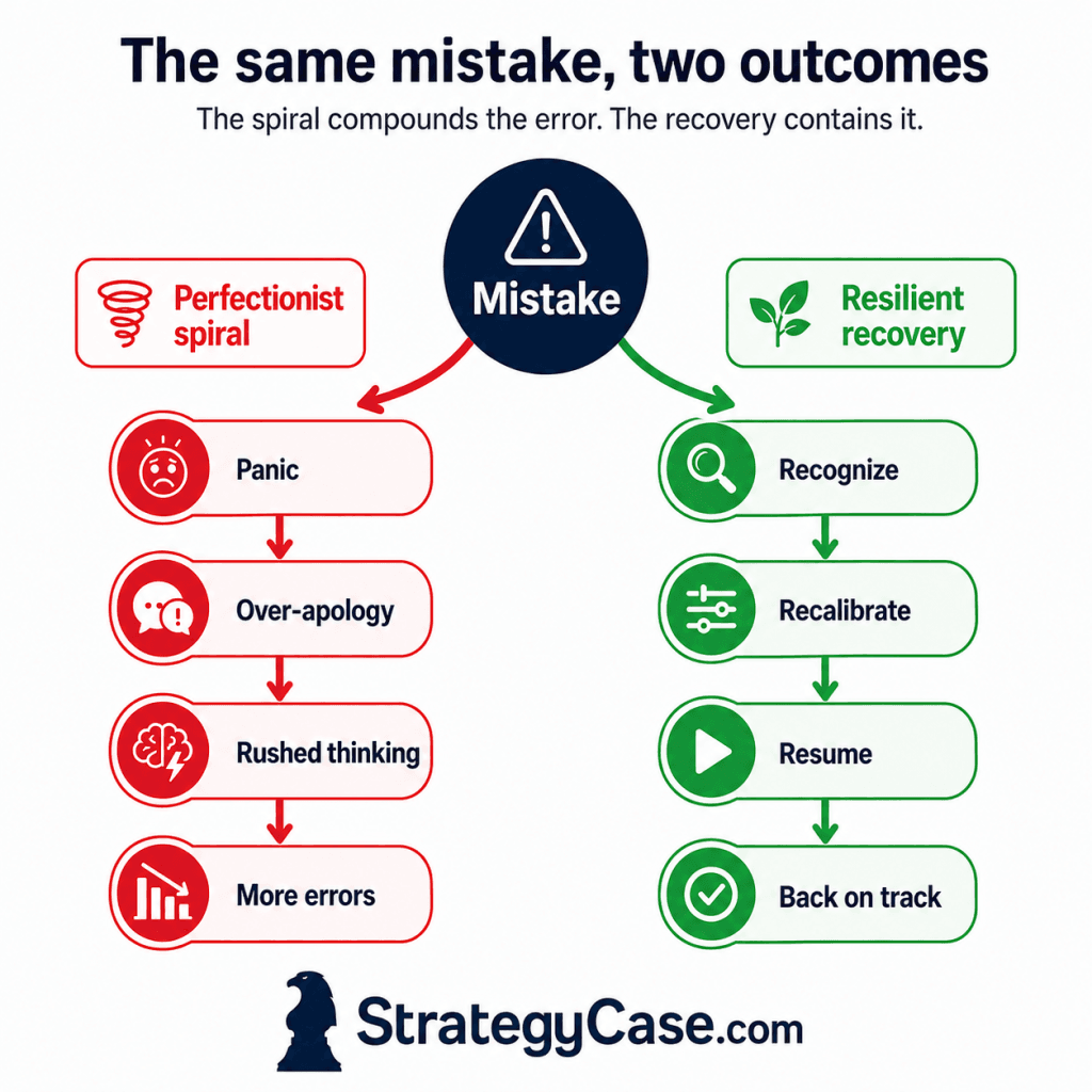 Perfectionist spiral versus resilient recovery in a case interview, shown as two diverging paths.