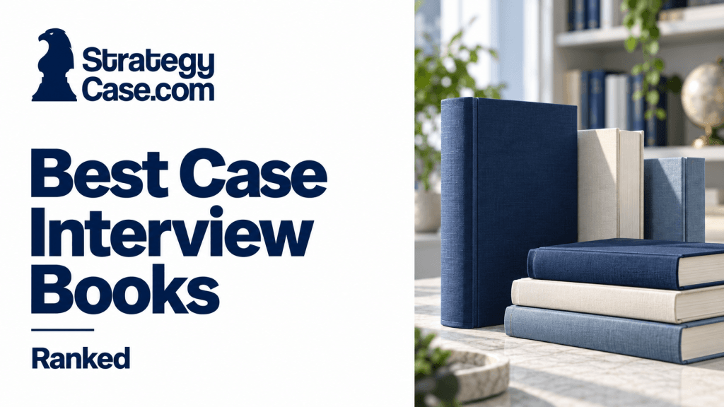 StrategyCase.com cover for “Best Case Interview Books Ranked,” featuring navy, white, and blue hardcover books.
