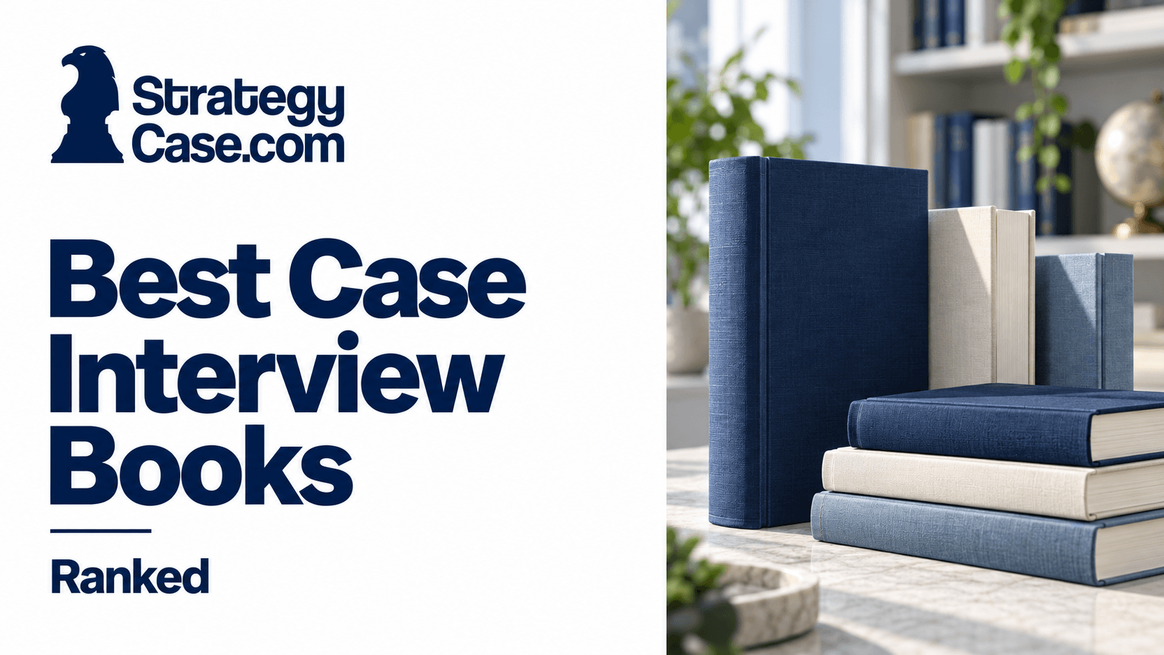 StrategyCase.com cover for “Best Case Interview Books Ranked,” featuring navy, white, and blue hardcover books.