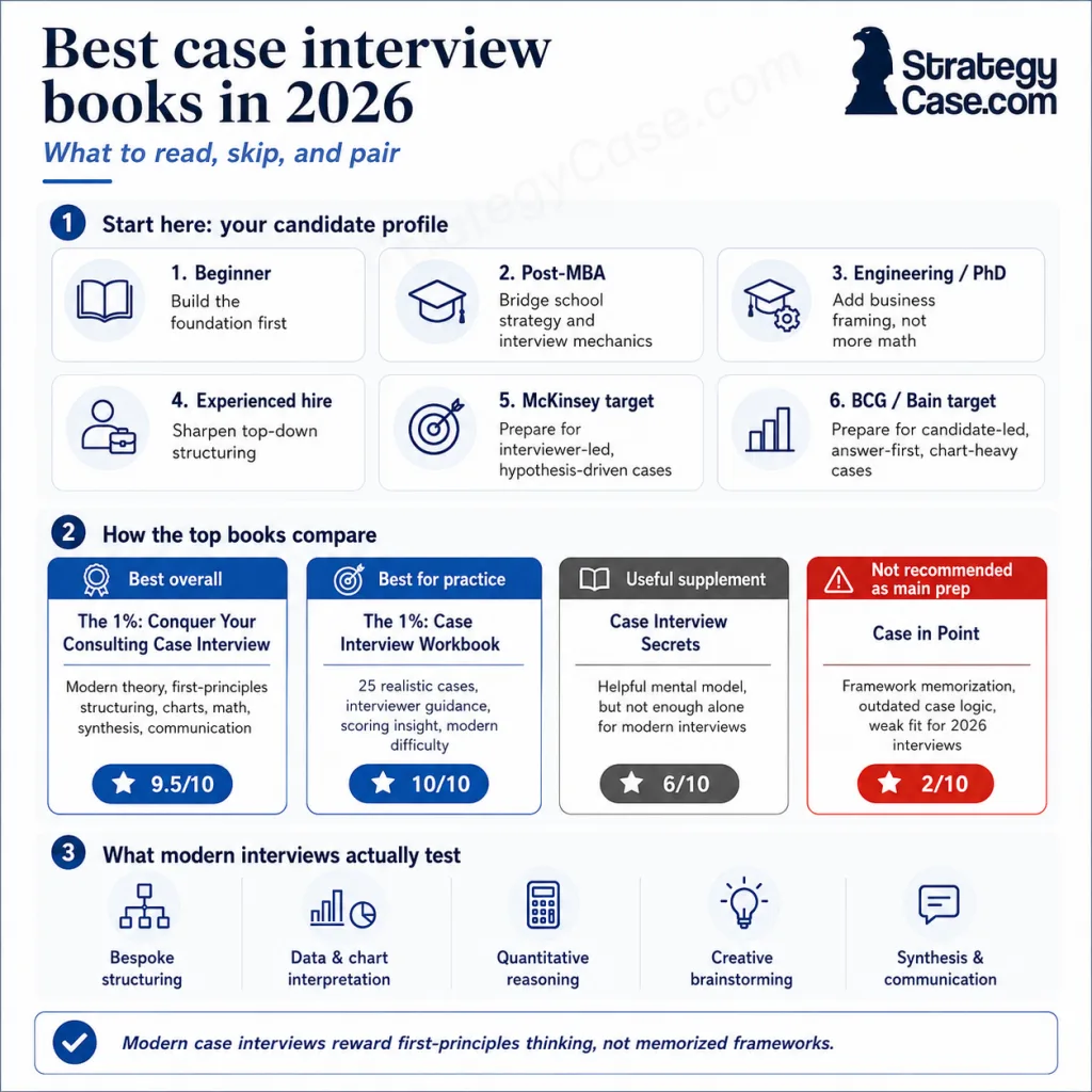 best case interview books Infographic titled “Best case interview books in 2026: What to read, skip, and pair.” It has three sections. Section 1 matches six candidate profiles to needs: beginner, post-MBA, engineering/PhD, experienced hire, McKinsey target, and BCG/Bain target. Section 2 compares four books: “The 1%: Conquer Your Consulting Case Interview” as best overall with 9.5/10, “The 1%: Case Interview Workbook” as best for practice with 10/10, “Case Interview Secrets” as a useful supplement with 6/10, and “Case in Point” as not recommended as main prep with 2/10. Section 3 shows the five skills modern interviews test: bespoke structuring, data and chart interpretation, quantitative reasoning, creative brainstorming, and synthesis and communication. A StrategyCase.com logo appears in the top right, with a faint StrategyCase.com watermark in the background.