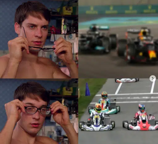 Meme of Tobey Maguire putting on glasses: blurry Formula 1 cars turn into go-karts when seen clearly, illustrating outdated case prep methods.