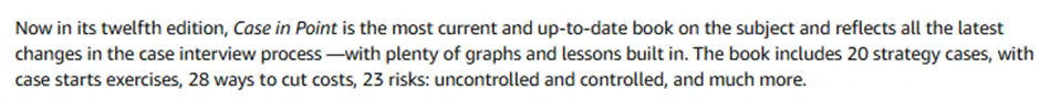 Screenshot quoting Case in Point’s Amazon description listing ‘28 ways to cut costs, 23 risks — controlled and uncontrolled,’ used to show outdated case prep thinking.