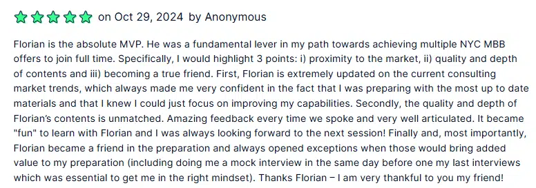 Screenshot of a 5-star PrepLounge review praising Florian Smeritschnig’s coaching and materials for being up to date and highly effective in achieving MBB offers.