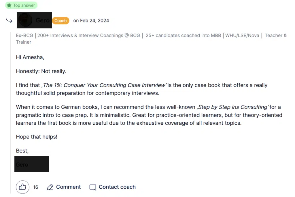 Screenshot of a PrepLounge answer from ex-BCG coach recommending ‘The 1%: Conquer Your Consulting Case Interview’ as the best book for modern case prep.
