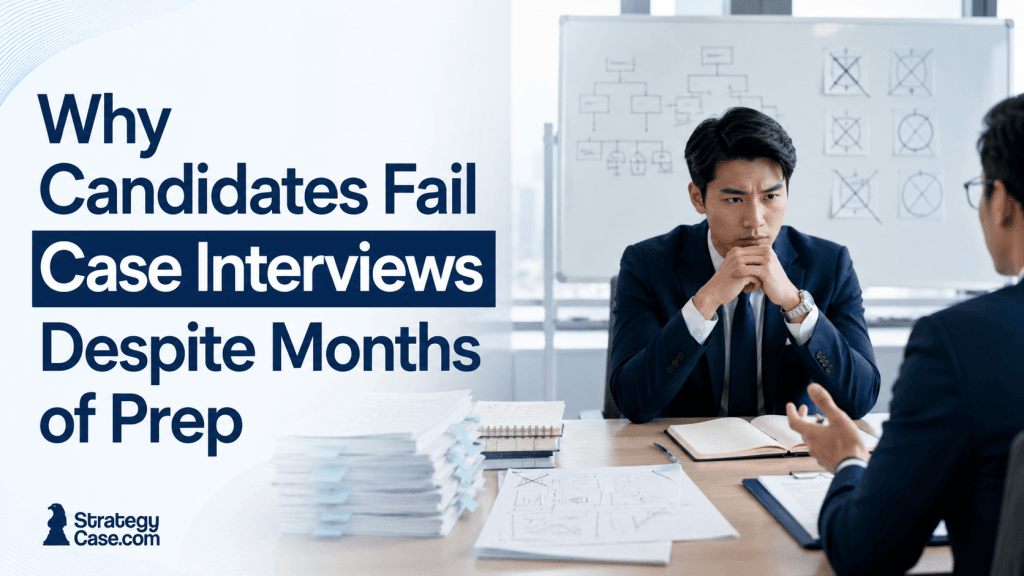 Candidate struggling in a case interview despite extensive preparation, illustrating why months of case interview prep can still lead to failure. The image is the cover for an article why candidates fail case interviews.