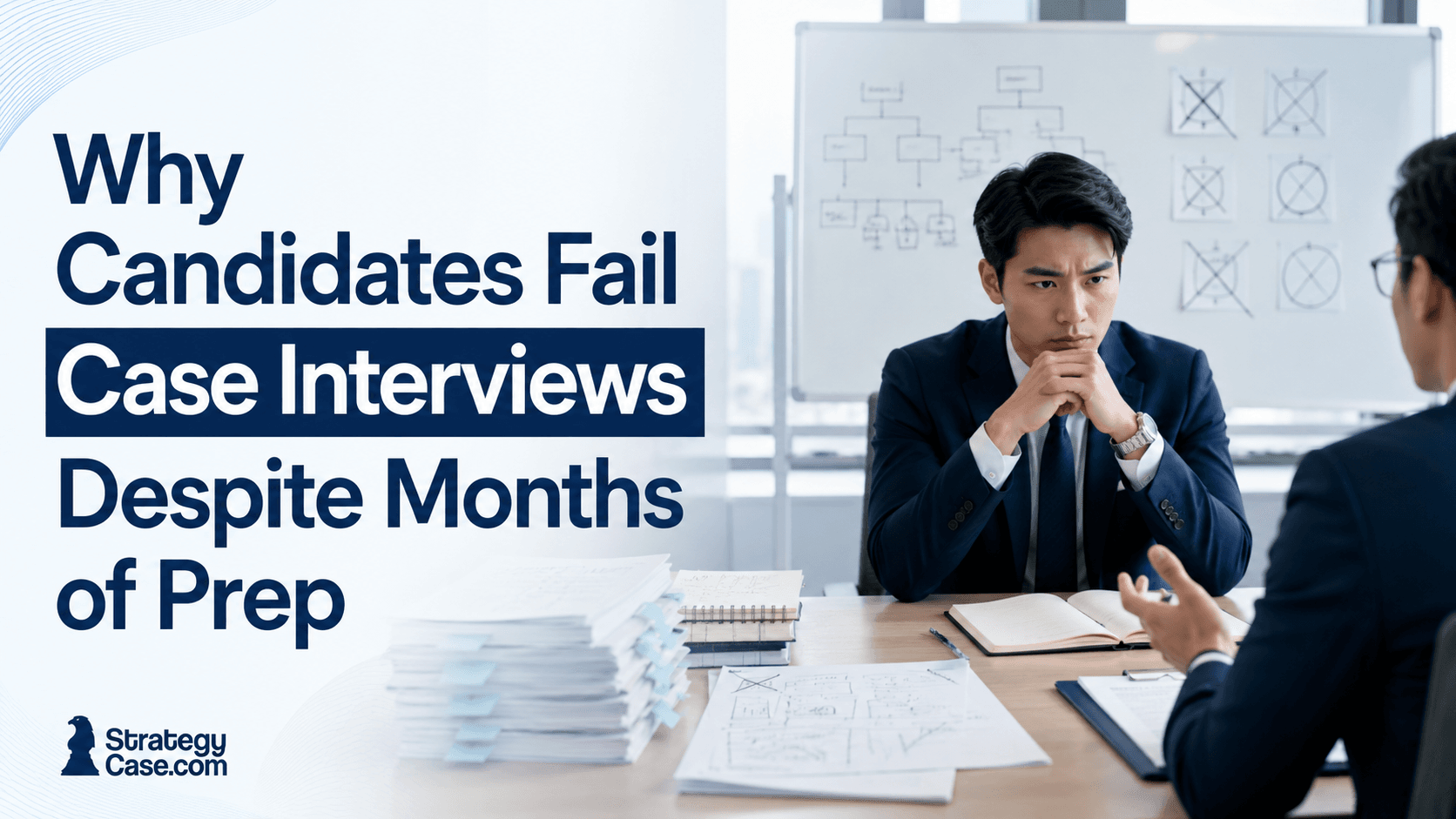 Candidate struggling in a case interview despite extensive preparation, illustrating why months of case interview prep can still lead to failure. The image is the cover for an article why candidates fail case interviews.