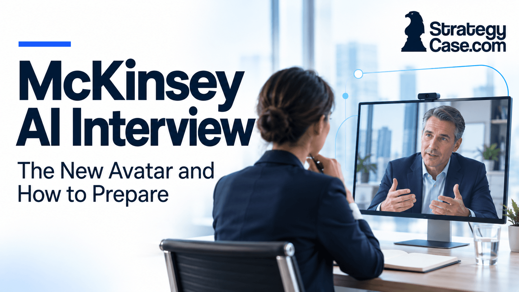 McKinsey AI interview cover showing a candidate speaking with a digital client avatar, with the StrategyCase.com logo.