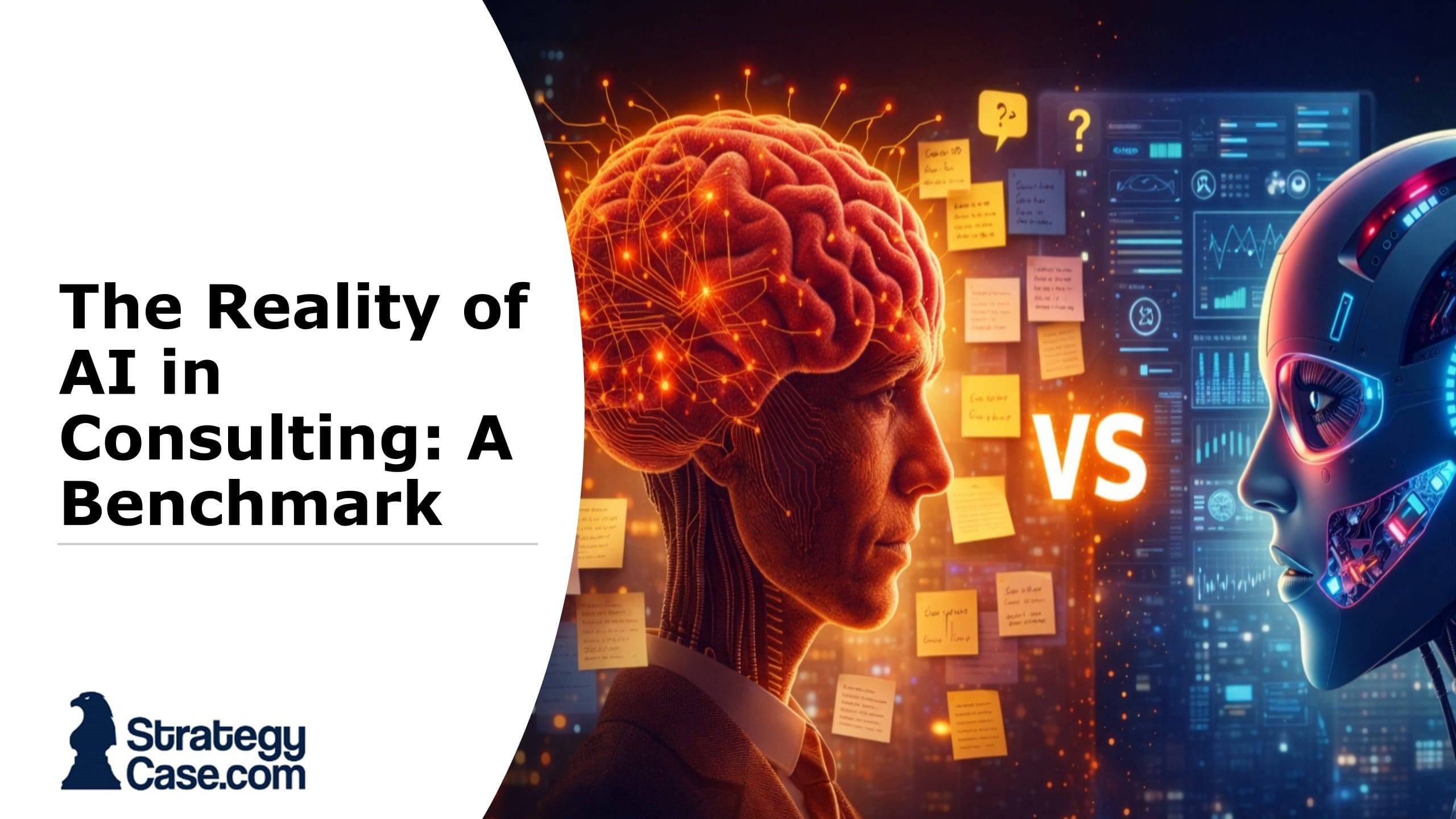 Stylized split illustration of human judgment versus AI capability: on the left, a human head with a glowing brain surrounded by sticky notes and problem-solving cues; on the right, a sleek robotic head backed by digital dashboards and analytics screens, with a bright “VS” between them and the title “The Reality of AI in Consulting: A Benchmark” alongside the StrategyCase.com logo.