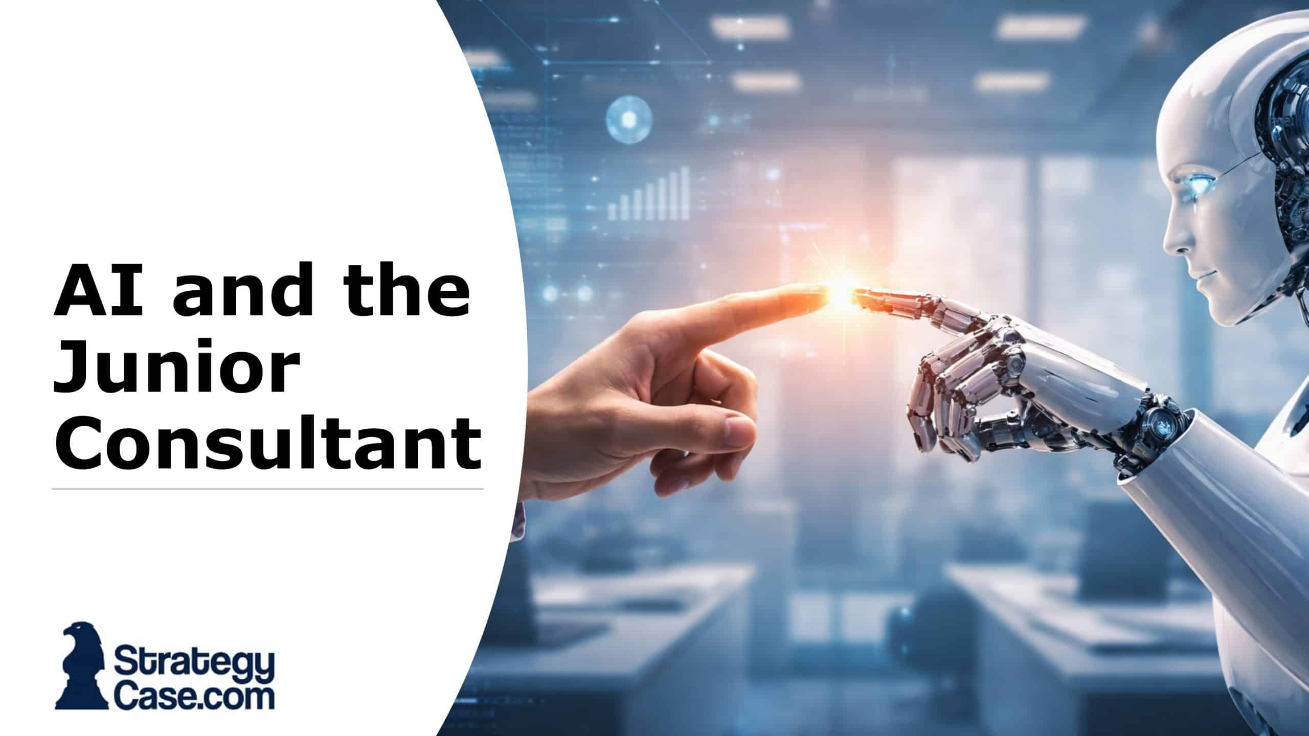 Human consultant and humanoid robot touching fingertips in a modern office, symbolizing collaboration between artificial intelligence and junior consultants.