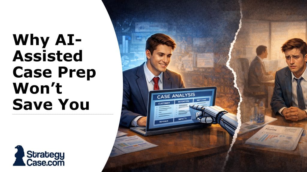 Split-screen illustration showing a confident candidate using AI for case interview prep on a laptop contrasted with the same candidate struggling in a real consulting interview, highlighting the gap between AI-assisted practice and live performance.