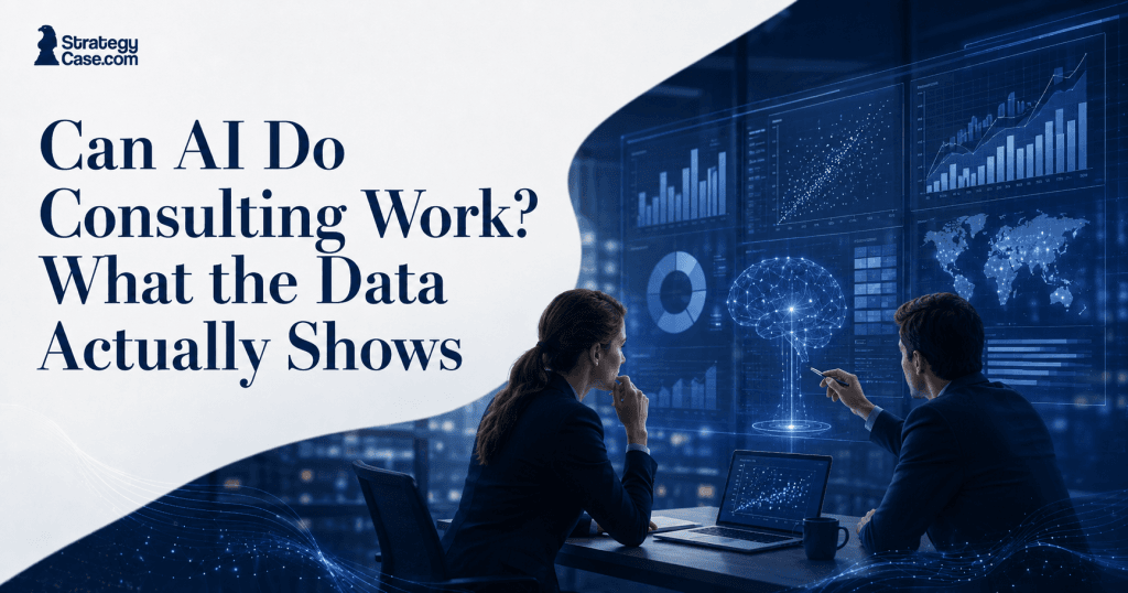 Consultants analyzing data and AI capabilities in modern consulting work. Question on the image of can AI do consulting work