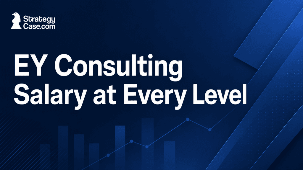 EY Consulting Salary at Every Level cover image with StrategyCase.com logo and professional blue business graphics.