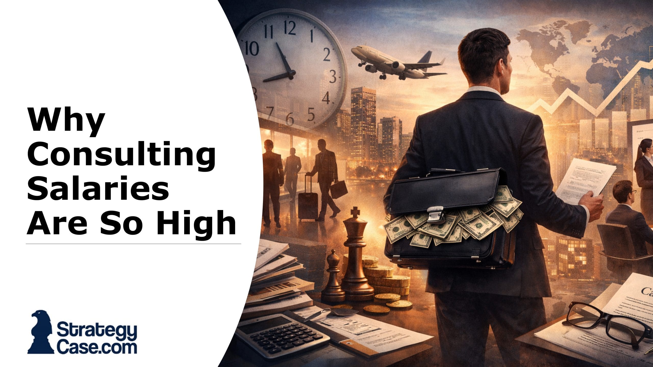 Illustration of a management consultant standing with a briefcase overflowing with money in front of a city skyline, with business travelers at an airport, rising financial charts, a chessboard on a desk, and a boardroom meeting in the background, symbolizing high consulting salaries and high-pressure decision making.