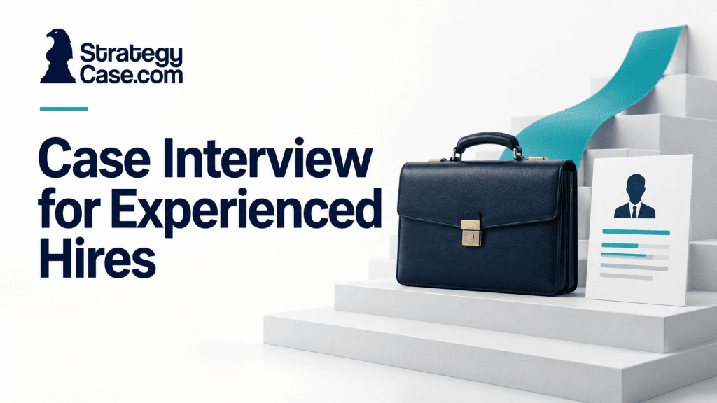 Executive briefcase and professional profile on ascending steps, illustrating experienced-hire case interviews.