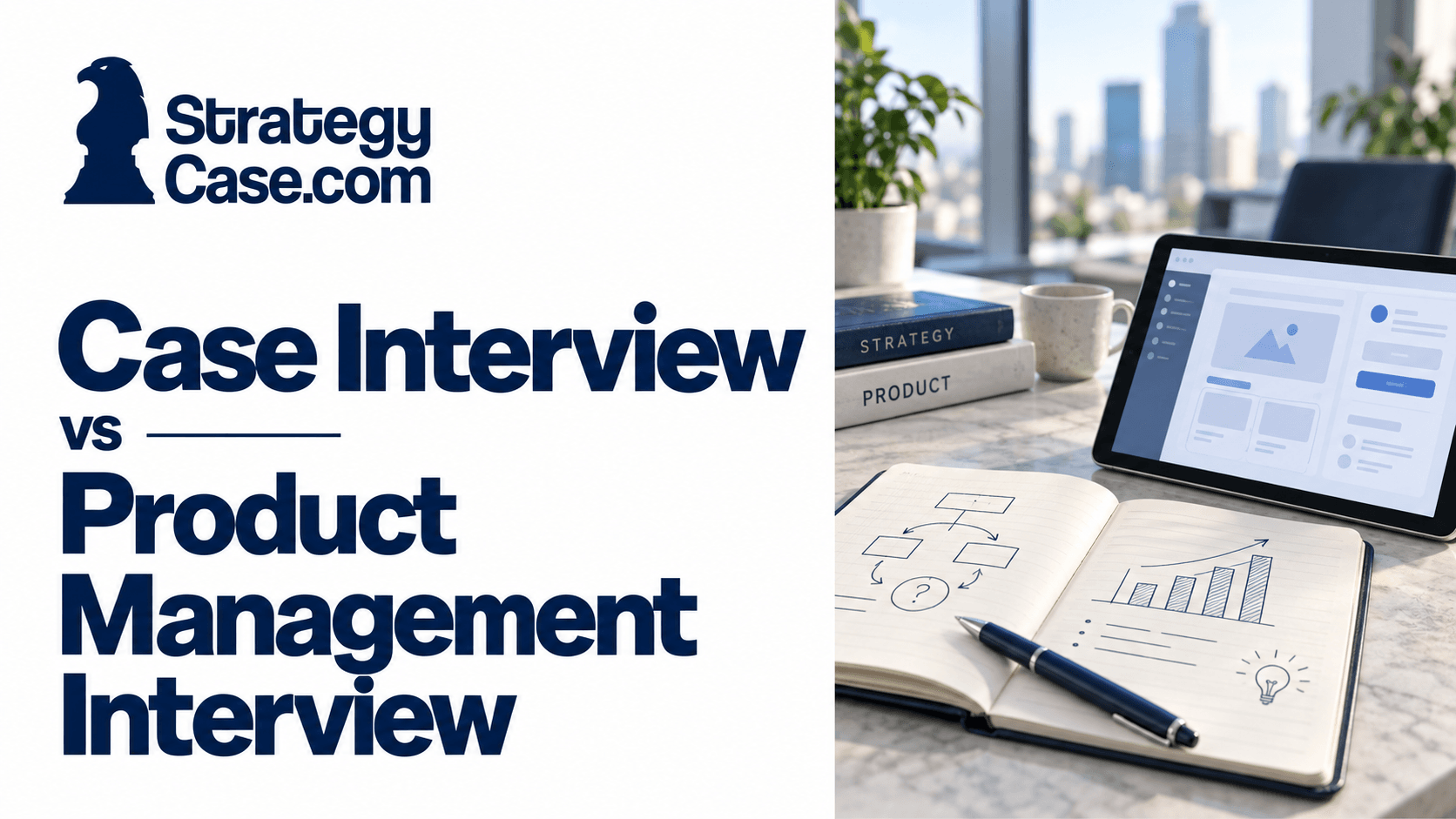 StrategyCase.com cover comparing case and product management interviews, with business notes beside a tablet displaying a product wireframe.