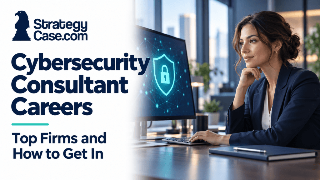 Cybersecurity consultant at a desk beside a monitor displaying a shield, padlock, and connected network nodes. Representative of Cybersecurity Consultant Careers.