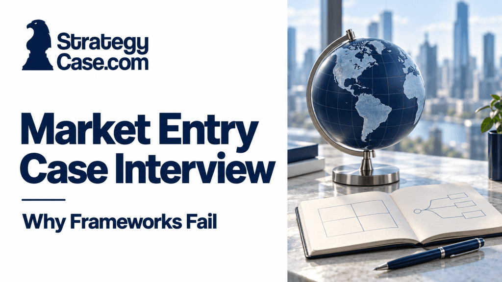 StrategyCase.com cover for “Market Entry Case Interview: Why Frameworks Fail,” featuring a globe and notebook with framework sketches beside a city skyline.