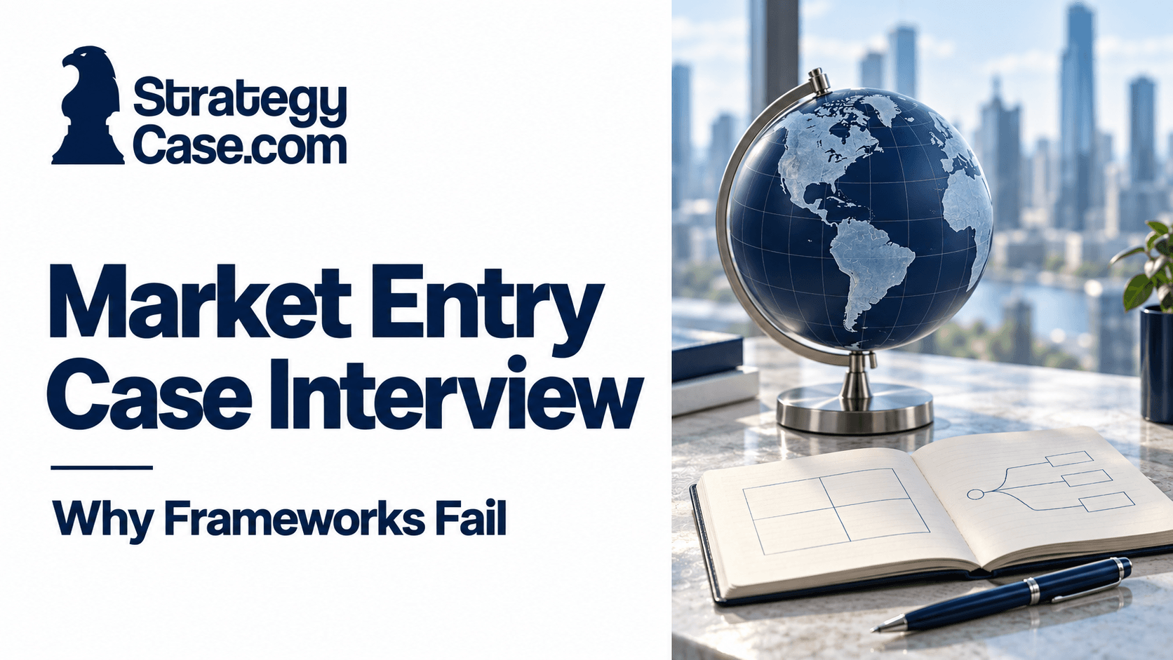StrategyCase.com cover for “Market Entry Case Interview: Why Frameworks Fail,” featuring a globe and notebook with framework sketches beside a city skyline.