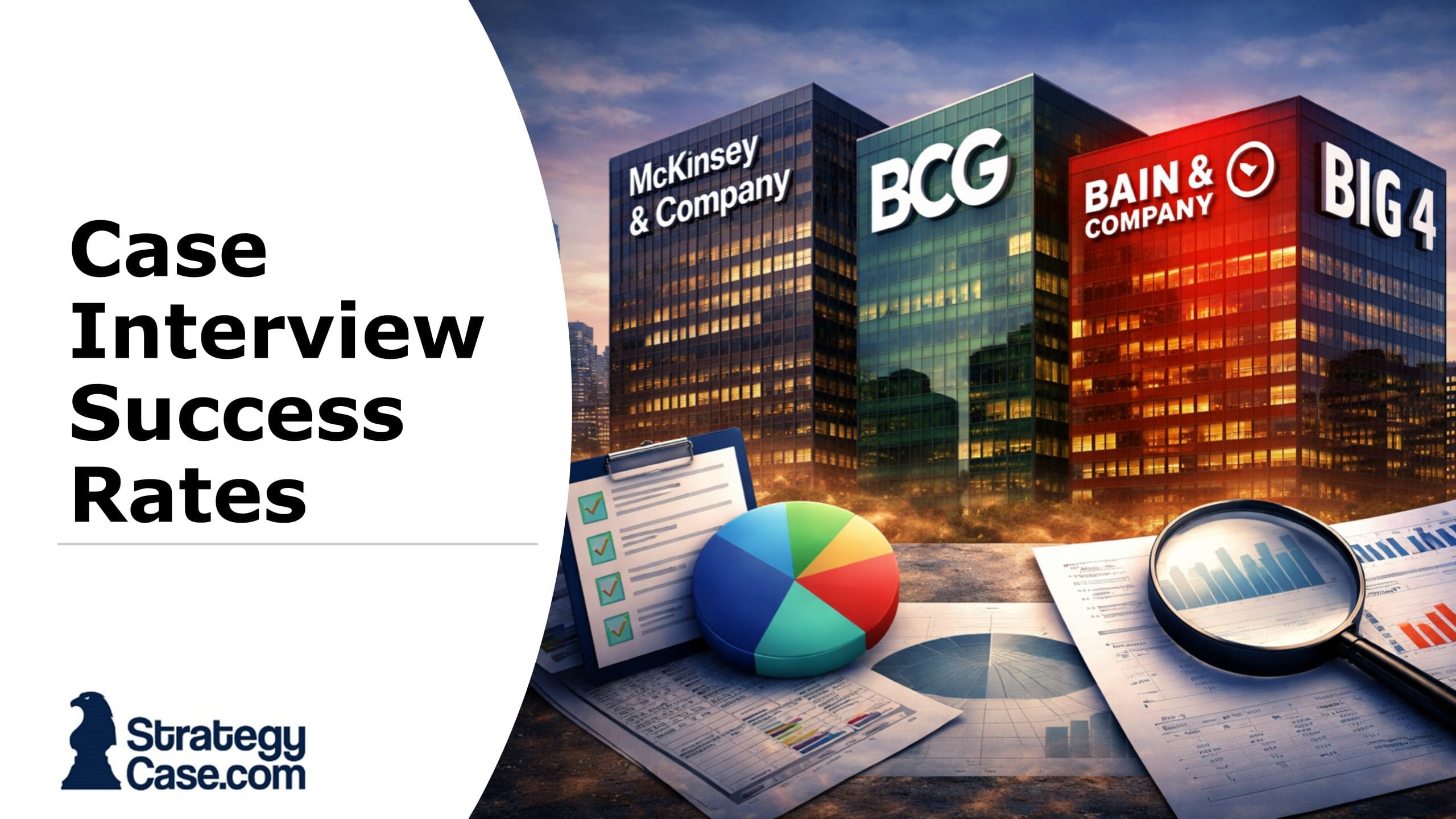 Cover image for an article on case interview success rates by firm, showing a modern city skyline with four stylized corporate office buildings representing top consulting firms (MBB, Tier-2 and Big 4). In the foreground, business documents, charts, a pie chart, and a magnifying glass symbolize data analysis and consulting work.