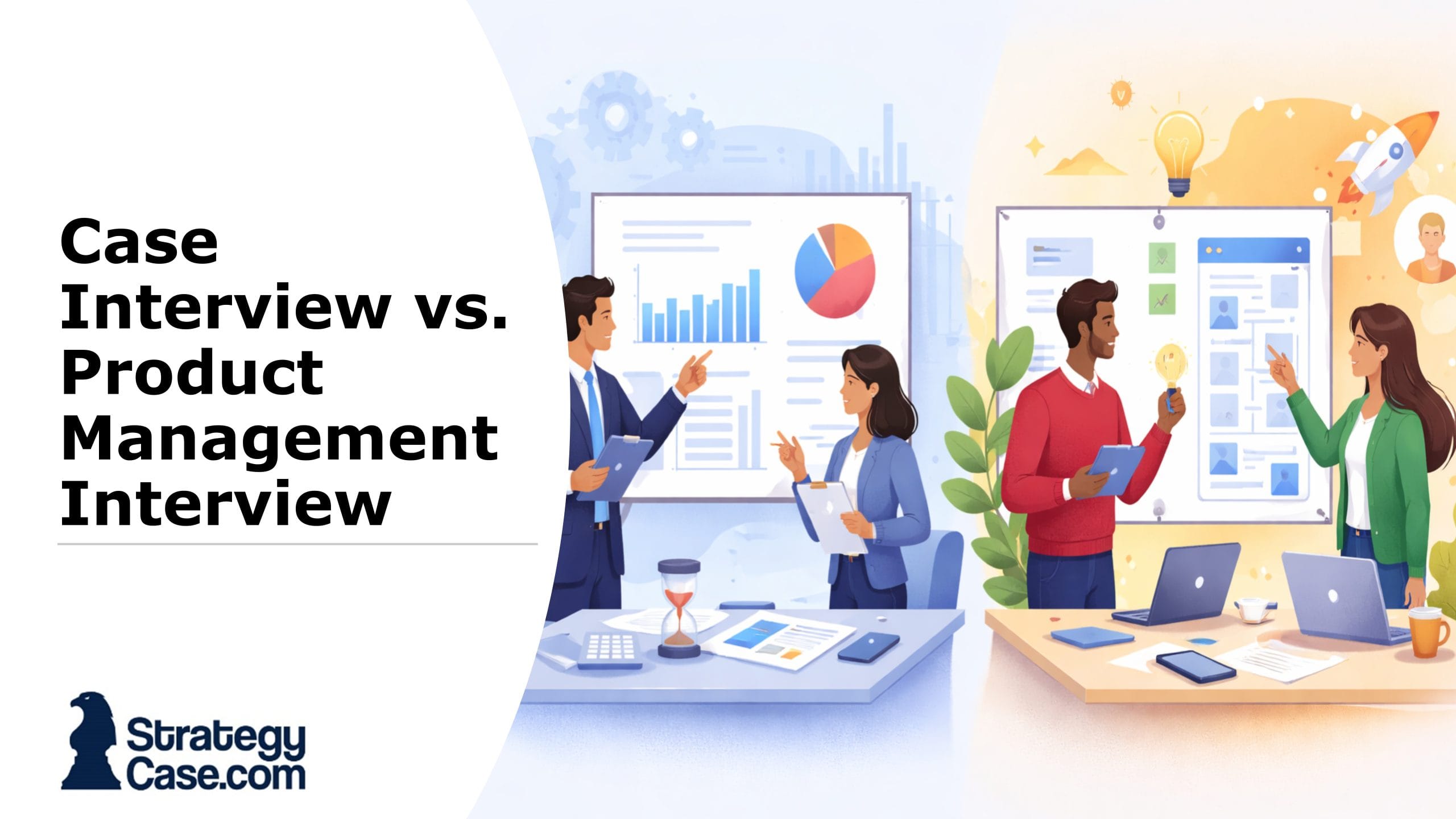 Horizontal cover image illustrating a side-by-side comparison of a consulting case interview and a product management interview: on the left, professionals analyze charts and business data in a structured corporate setting; on the right, a team collaborates on product ideas with UI mockups, symbols of creativity, and user-focused design.
