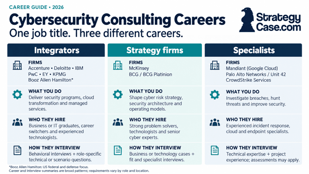 Cybersecurity consultant careers at three firm types: integrators, strategy firms, and specialists compared.