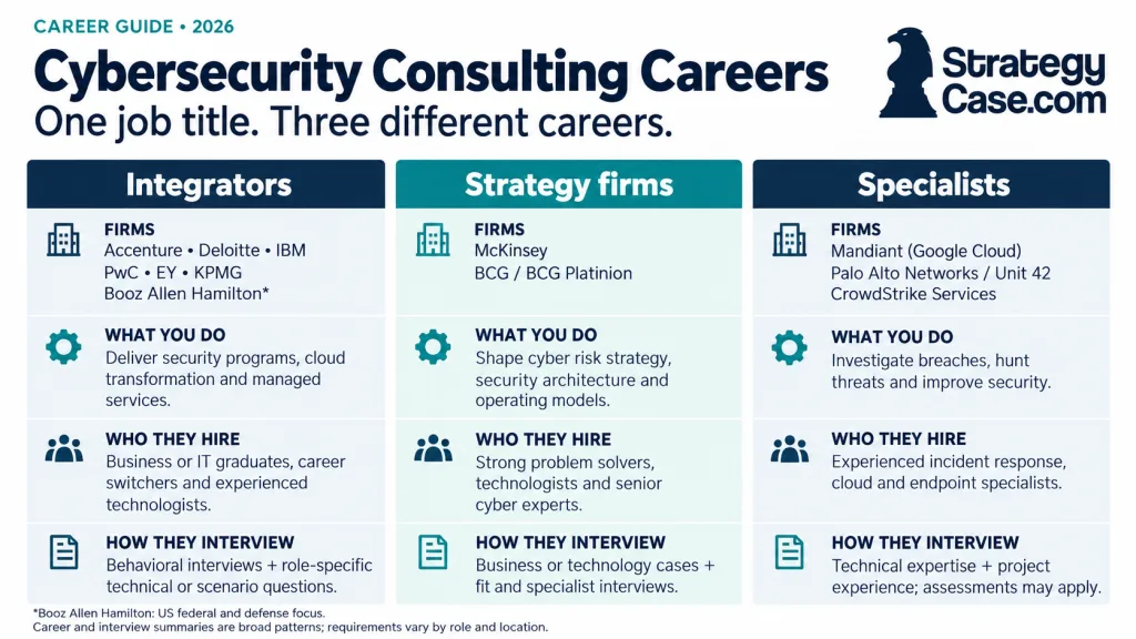 cybersecurity-consultant-careers-three-firm-types Cybersecurity consultant careers at three firm types: integrators, strategy firms, and specialists compared.