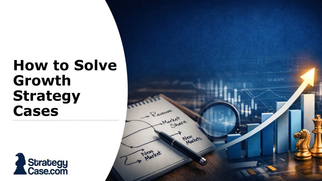 Growth strategy case interview concept showing revenue growth drivers, market expansion, and financial performance charts