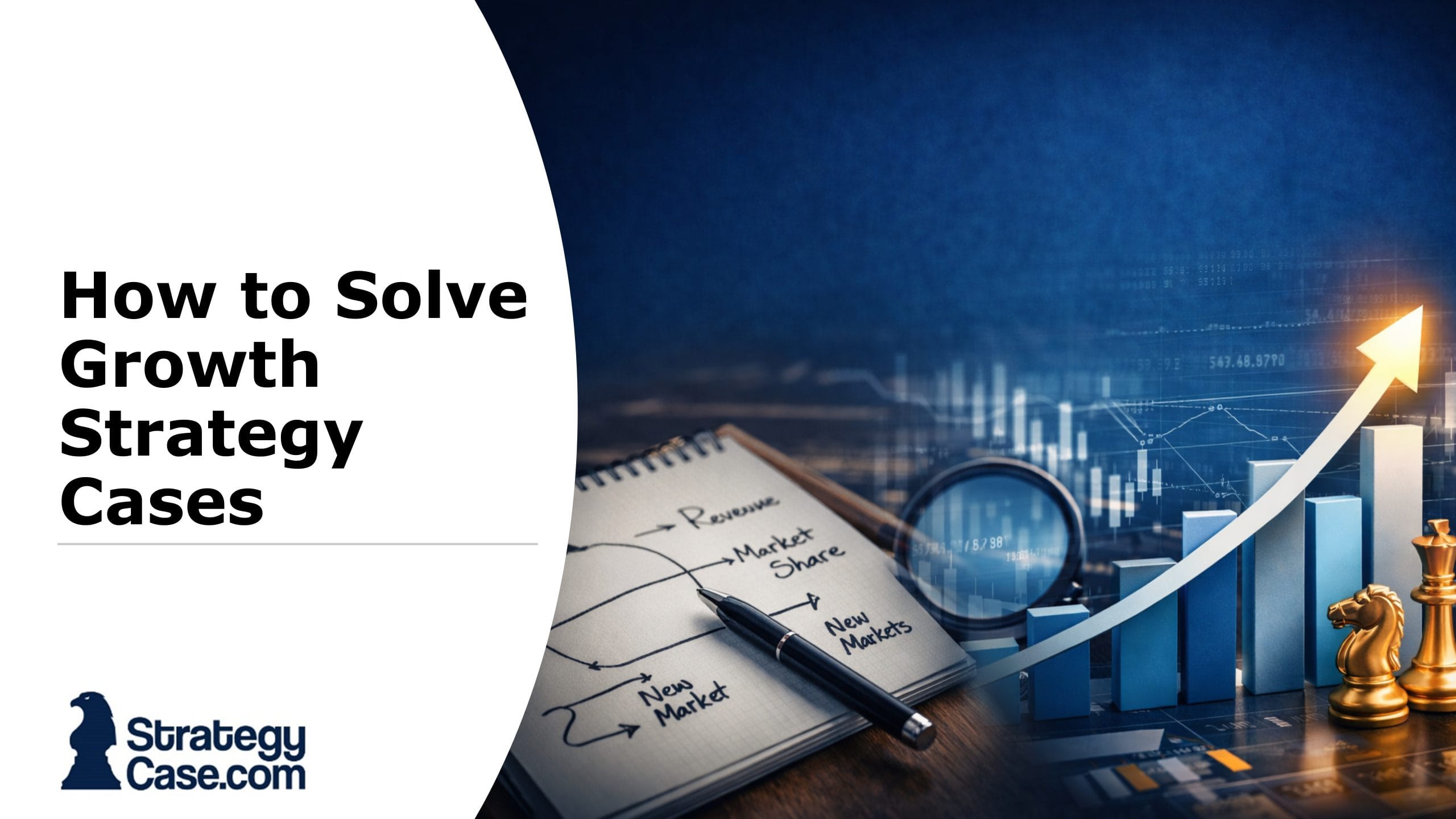 Growth strategy case interview concept showing revenue growth drivers, market expansion, and financial performance charts
