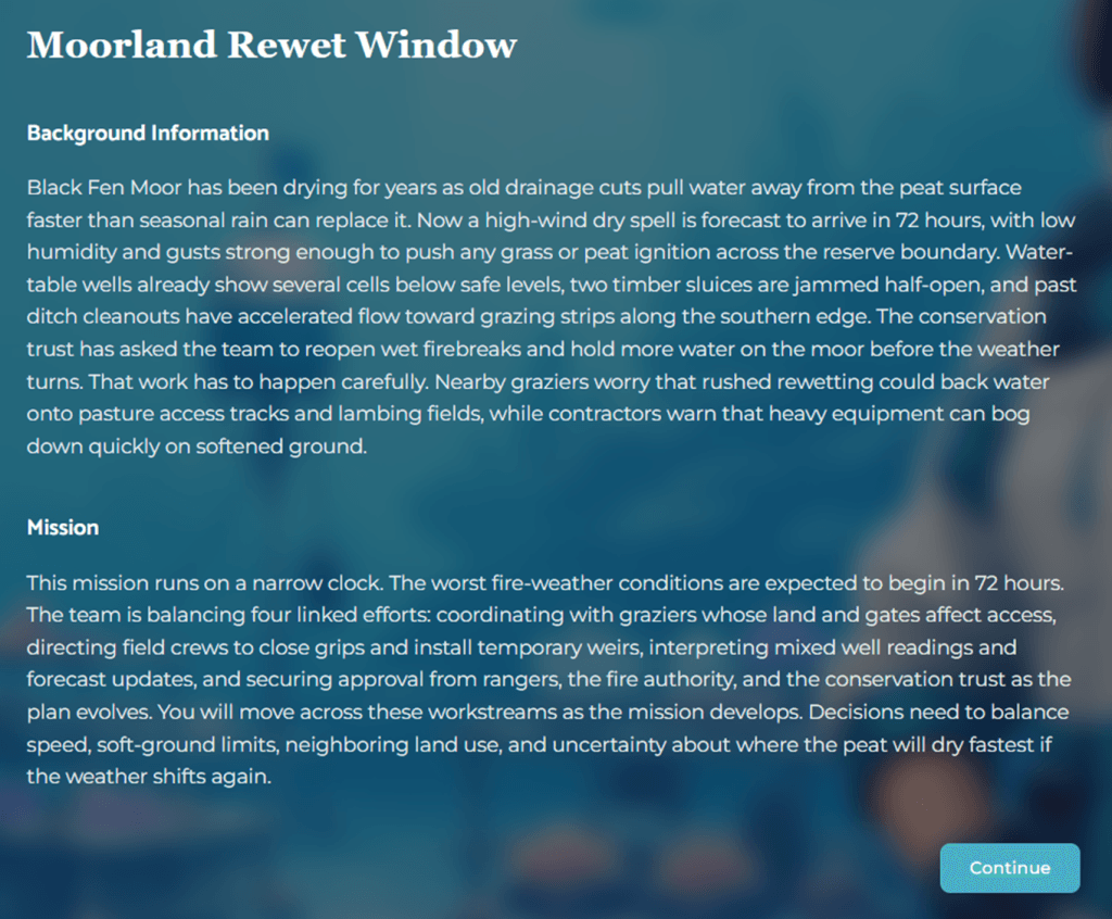 McKinsey Solve Sustainable Future Lab scenario screen showing background information and mission details for the Moorland Rewet Window case