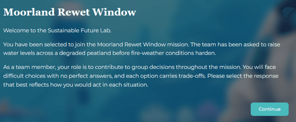 McKinsey Solve Sustainable Future Lab introduction screen for the Moorland Rewet Window mission outlining the task and decision-making setup