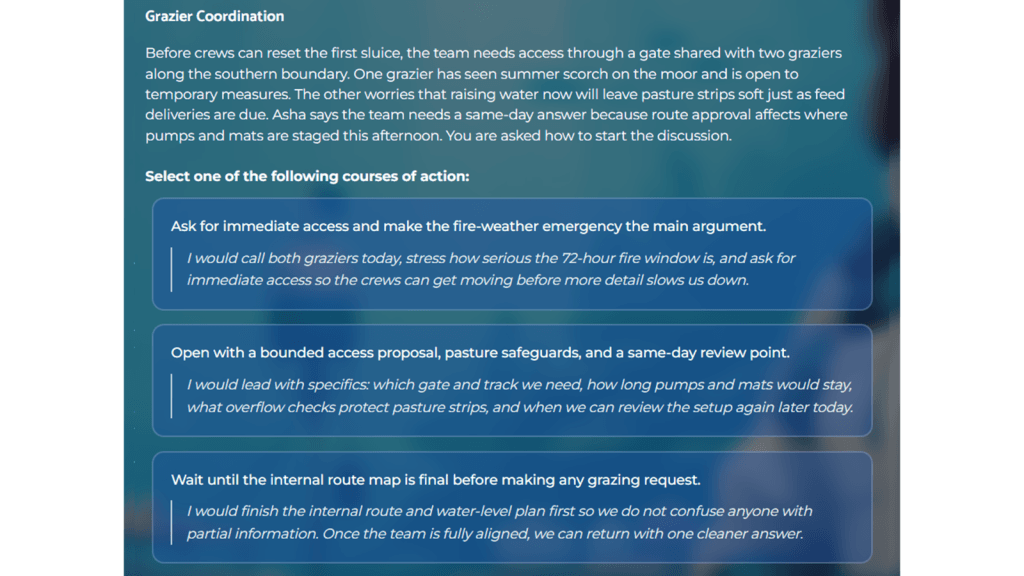McKinsey Solve Sustainable Future Lab decision screen showing a grazier coordination scenario with three stakeholder-focused response options involving access, safeguards, and timing