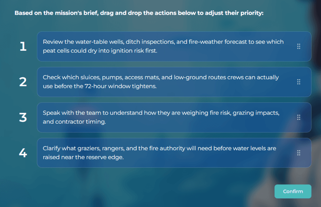 McKinsey Solve Sustainable Future Lab prioritization screen showing a drag-and-drop task to sequence actions related to risk assessment, feasibility checks, team alignment, and stakeholder coordination