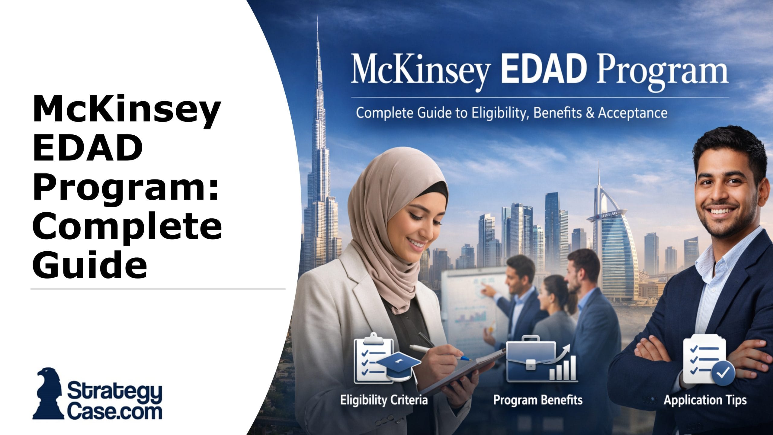 McKinsey EDAD Program guide cover showing Middle Eastern professionals with Dubai skyline and icons for eligibility, benefits, and application tips