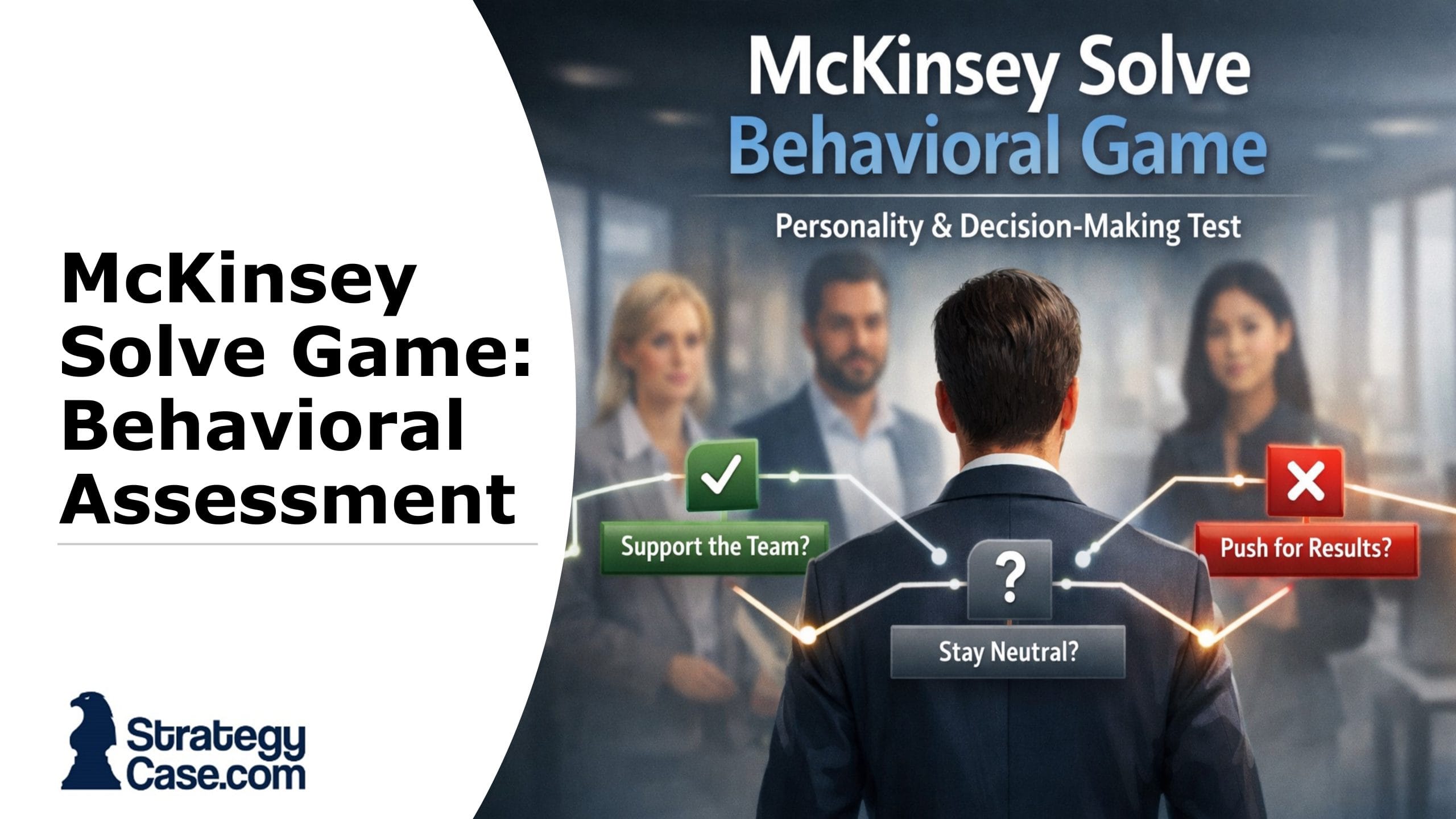 Cover image for an article on the McKinsey Solve behavioral game, showing a consultant candidate facing branching decision paths about team dynamics and performance choices in a professional setting.
