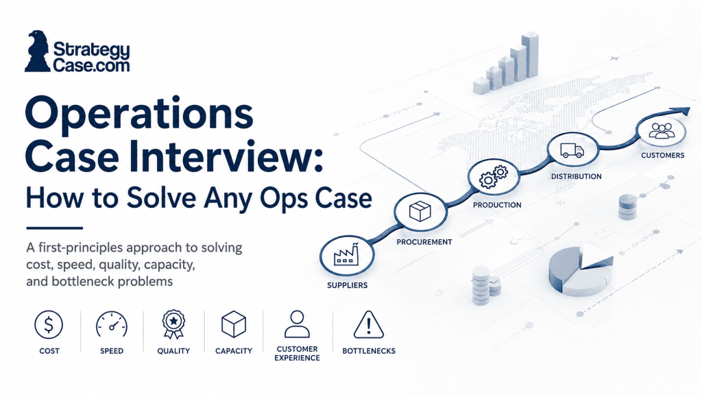 Professional cover image for an operations case interview guide, showing a supply chain process flow from suppliers to customers with icons for cost, speed, quality, capacity, customer experience, and bottlenecks.