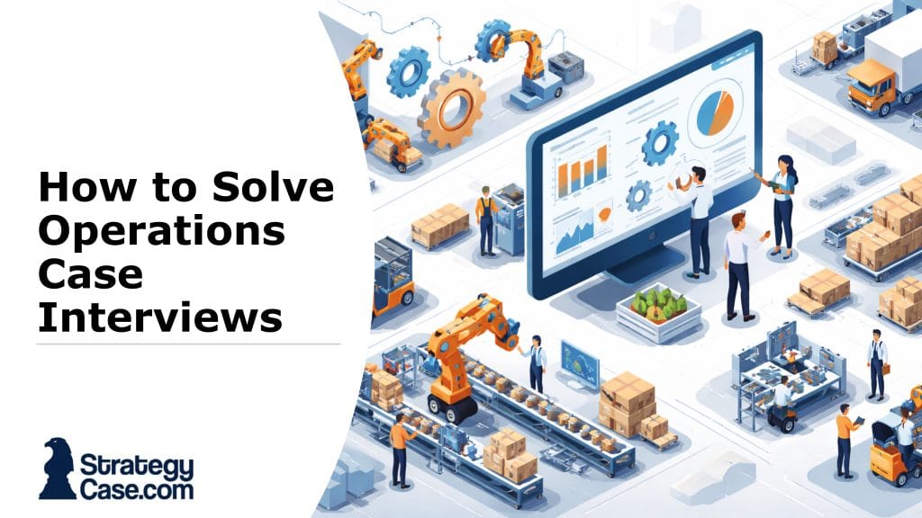 Cover image for an article on operations case interviews, showing an isometric illustration of a modern manufacturing and logistics system with robotic production lines, warehouse operations, delivery trucks, and professionals analyzing performance on a large digital dashboard, highlighting process efficiency and system optimization