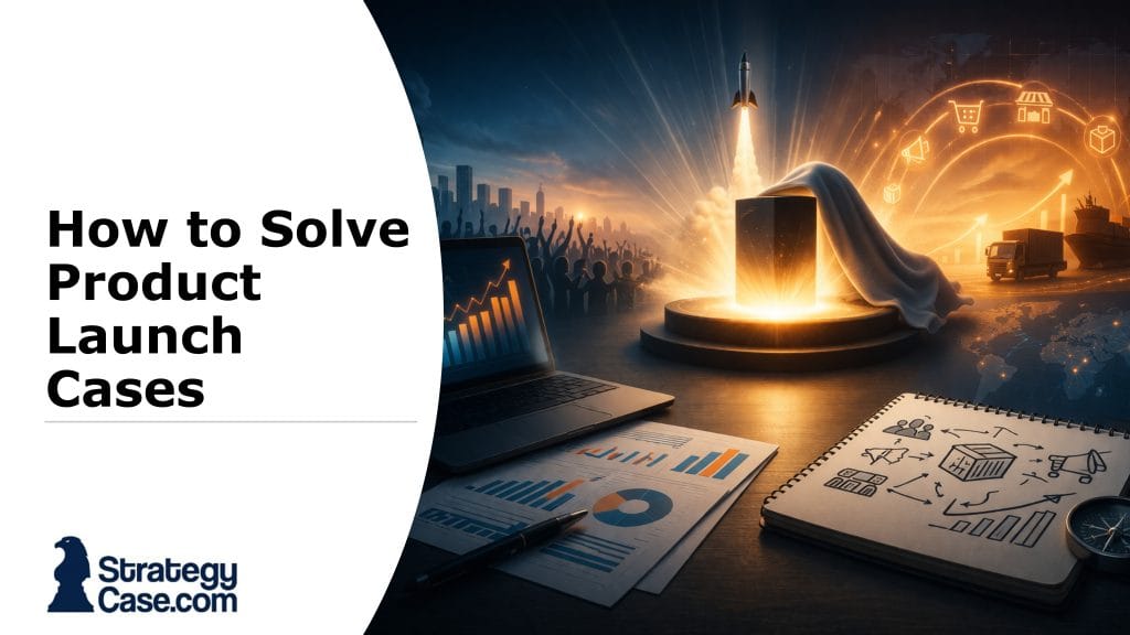 Cover image for an article on product launch case interviews: a cinematic scene showing a glowing product reveal, rocket launch, business analytics on a laptop, and strategic sketches representing growth and go-to-market execution