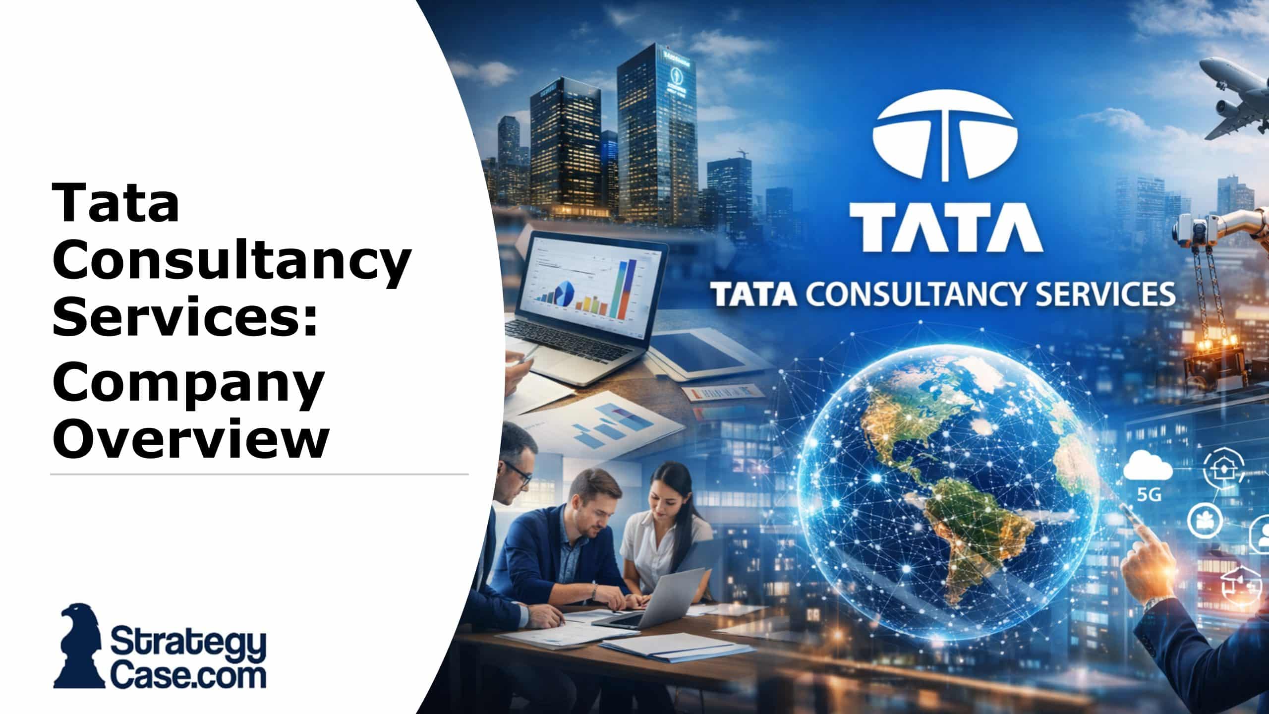 Illustration representing Tata Consultancy Services (TCS) with global digital network, enterprise technology systems, cloud computing, AI, and consulting teams collaborating. Cover for an article on TCS careers and salaries.