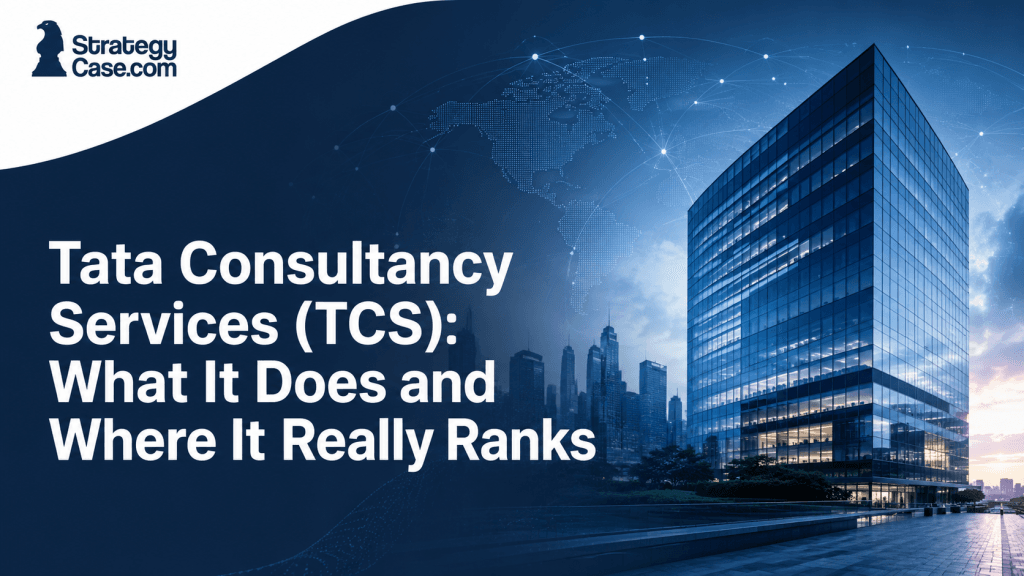 Cover image for an article on Tata Consultancy Services (TCS), showing a modern corporate office building with global consulting and technology visuals.