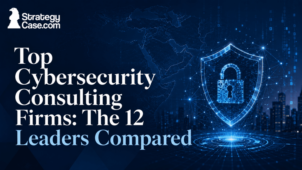 StrategyCase.com cover comparing the 12 leading cybersecurity consulting firms, featuring a digital shield, lock, and connected network.