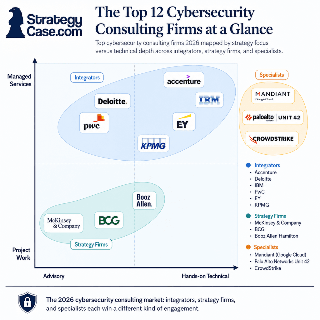 Top cybersecurity consulting firms 2026 mapped by strategy focus versus technical depth across integrators, strategy firms, and specialists