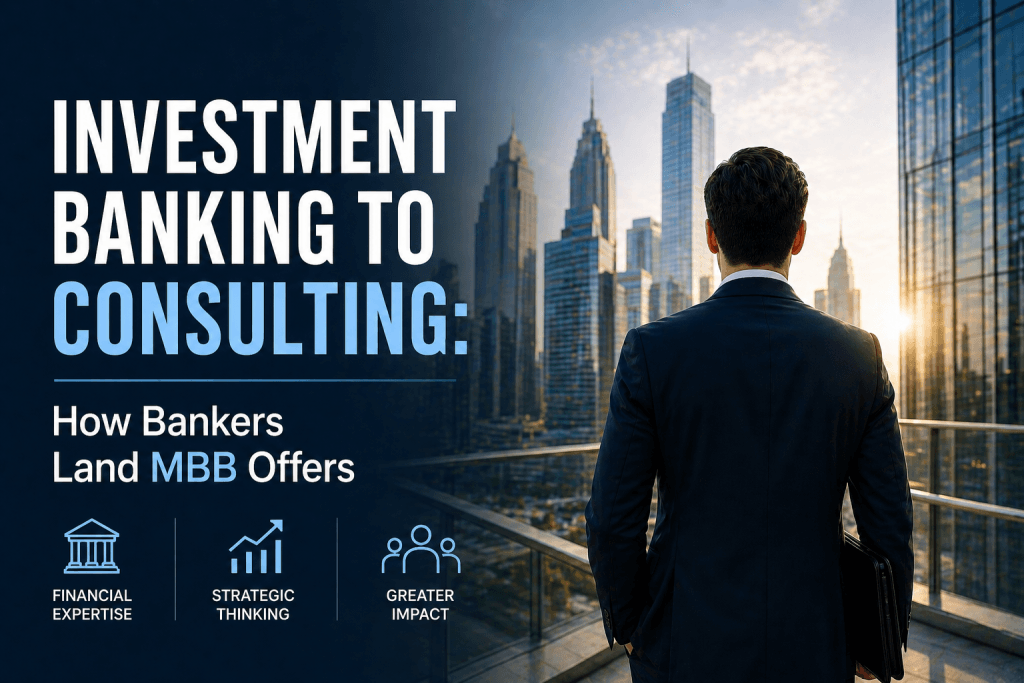 Cover image for an article on Investment Banking to Consulting: a suited professional overlooking a modern city skyline from a high-rise balcony, symbolizing the transition from investment banking to a consulting career and the path to landing MBB offers.