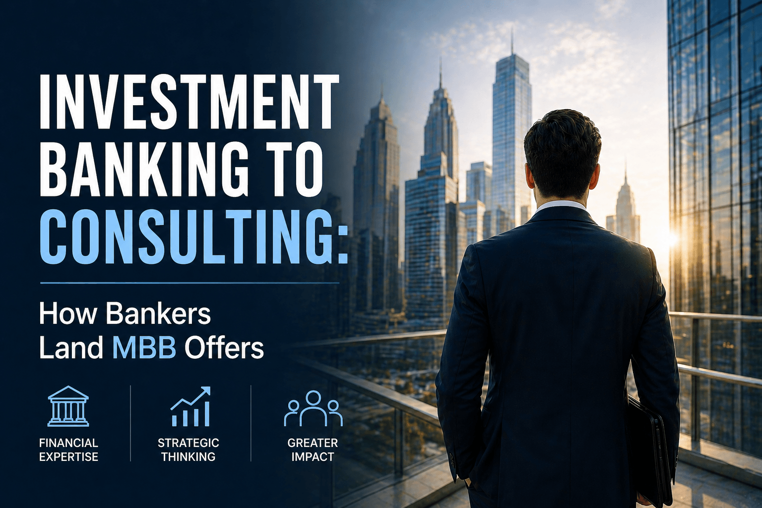Cover image for an article on Investment Banking to Consulting: a suited professional overlooking a modern city skyline from a high-rise balcony, symbolizing the transition from investment banking to a consulting career and the path to landing MBB offers.